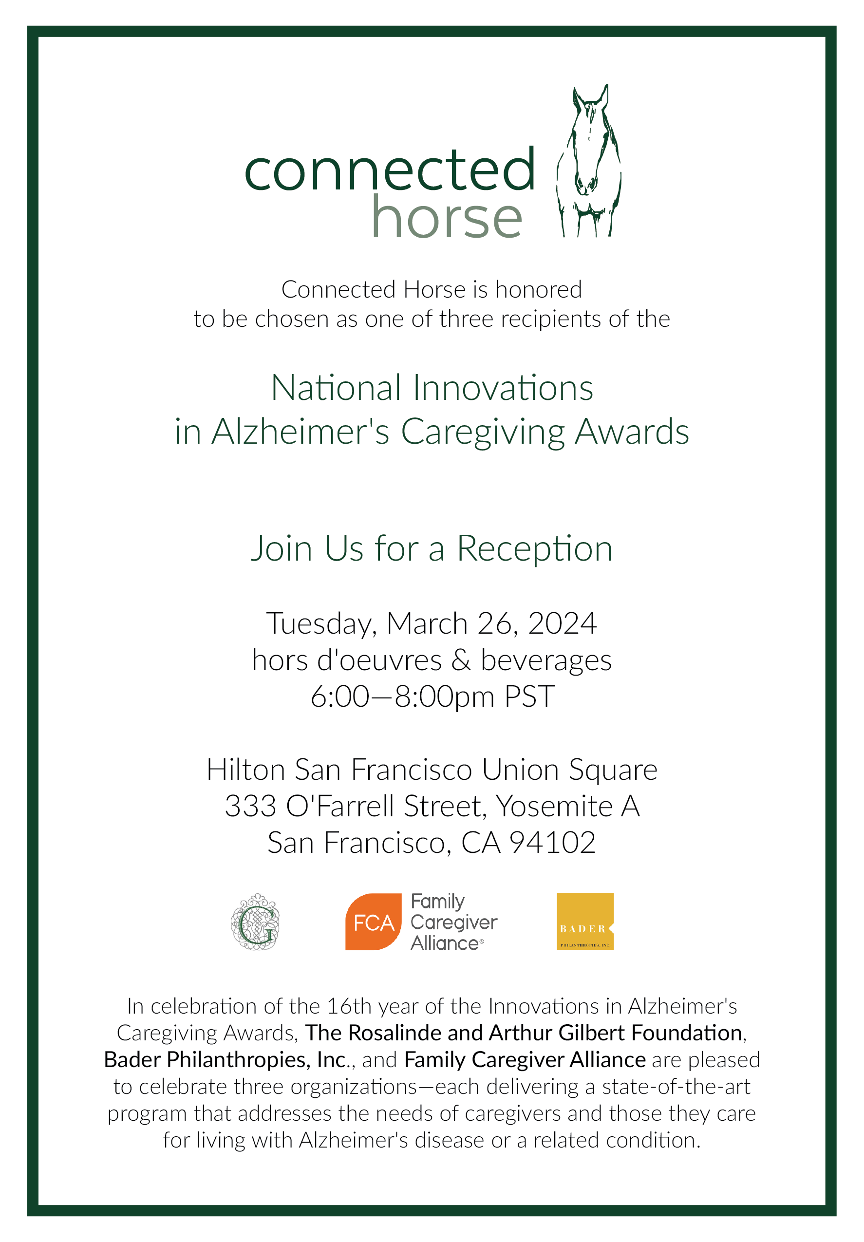 Invitation to Reception for National Innovations in Alzheimer's Caregiving Awards on Tuesday, March 26, 2024