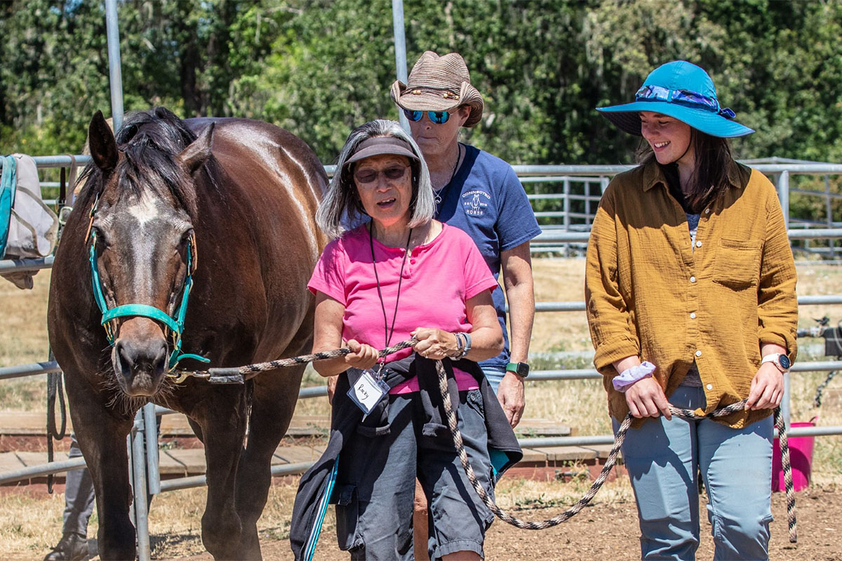 A participant and their care partner connect with a horse during a workshop at Sunrise Horse Rescue.